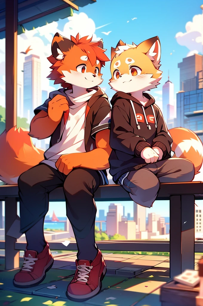 Male Red Panda,Sit on a bench,Cityscape,Port cities!