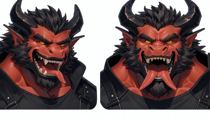 ((Um no, Pumped male demon with hairy dragon appearance and yellow eyes dawns with the (red skinned) e um corpo humanóide com feições feias que mostra sua força Intimidating Enforcera cheia de luxúria e malícia mostrando sua língua preta e dentes afiados babando se masturbando sentado com as coxas abertas olhando de um jeito que parece desafiador, Intimidating Enforcer, shameless, luxurious and seductive, (part of penile heresion, head appearing and becoming thick and hard so that your balls demonstrate satisfaction and relief with greater, bottom balls)), (there is another pumped humanoid demon, but he has white skin, Beyond the mouth, penetration between the groin, sucking the heresy on the penis, gay oral sex, looking satisfied, gaping mouth, gasping, tongue out) they covered his penis with their mouth