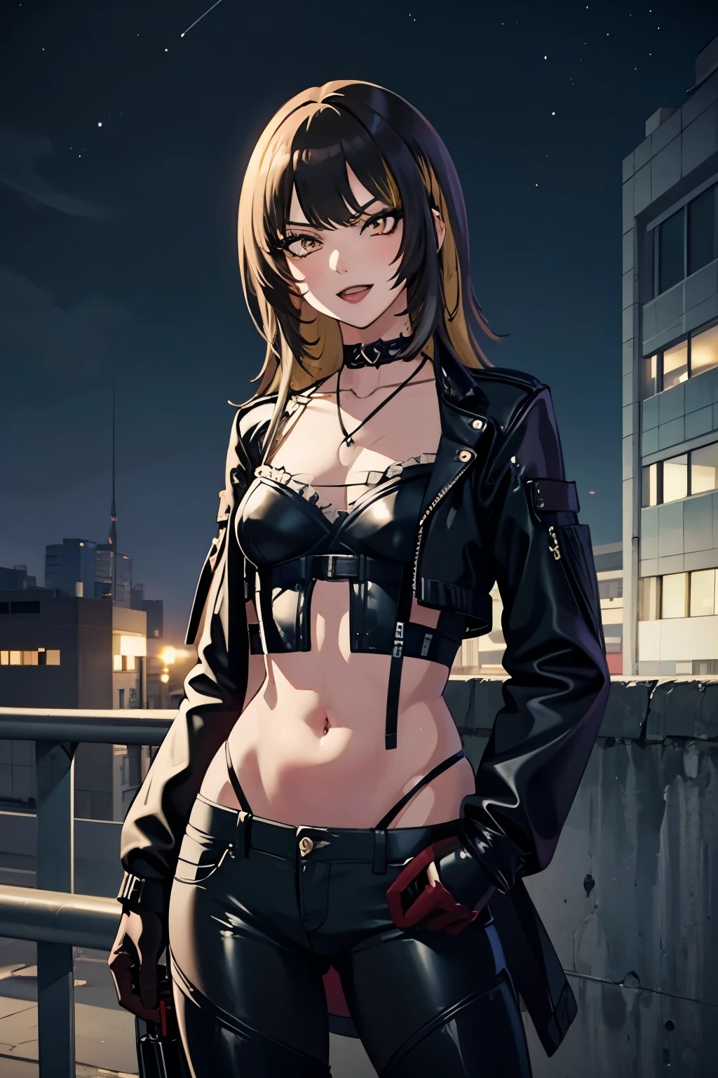 Ikaruga Luca, makeup, lipstick, red lipstick, ,long hair, mature female, makeup, eyelashes, blush, lipstick, fur trim, mature female, gloves, fur-trimmed coat, outdoors, rooftop, cityscape, building, railing, night sky, scenery, city lights, masterpiece, best quality, highly detailed, a girls with a gun, evil smile , open mouth, sexy gaze, badass pose , evil smile, smile, (nsfw) not safe for work, guns blazing, anime girl with long hair, beautiful long haired girl, navel, evil expression, exposed belly, exposed navel, exposed midriff, exposed lower belly, long black pants, crop top, cleavage, unbuttoned leather pants ,open fly, low rise black leather pants, leather jacket, holding a gun, navel piercing