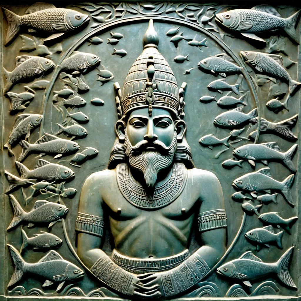 in the Sumerian religion, Enki was considered the main god of the lake city of Eridu, in southern Mesopotamian. He was the son of An, the god of heaven, and from Namma, oceanic goddess. He was identified as the divinity of groundwater, of magic and knowledge. In reliefs and cylinder-seals he was represented bearded., with the crown that identified the divinities on the head and surrounded by water currents in which fish swim. In fact, Enki dwells in the abzu, a mass of underground water that is positioned between the land inhabited by humans and the hells where the ghosts of the deceased dwell.