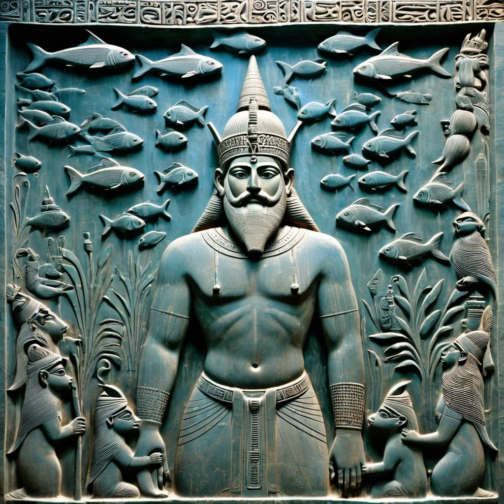 in the Sumerian religion, Enki was considered the main god of the lake city of Eridu, in southern Mesopotamian. He was the son of An, the god of heaven, and from Namma, oceanic goddess. He was identified as the divinity of groundwater, of magic and knowledge. In reliefs and cylinder-seals he was represented bearded., with the crown that identified the divinities on the head and surrounded by water currents in which fish swim. In fact, Enki dwells in the abzu, a mass of underground water that is positioned between the land inhabited by humans and the hells where the ghosts of the deceased dwell.