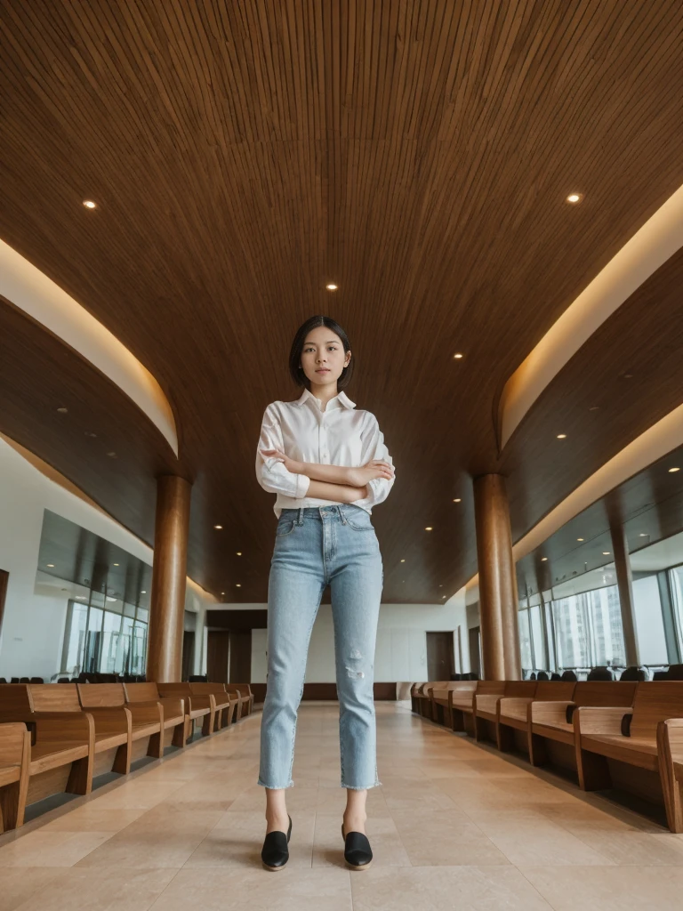her name is Asako, high quality, 1girl, ((20-year-old fit Caucasian woman)), ((20 years old)), ((slim)), ((Wavy Bob)), pose: standing, wearing stylish fashionable Generation-Z modern wear dark colored, BACKGROUND:In the Dubai Opera, with its dhow-shaped design, lavish interiors, and state-of-the-art facilities that host world-class performances.