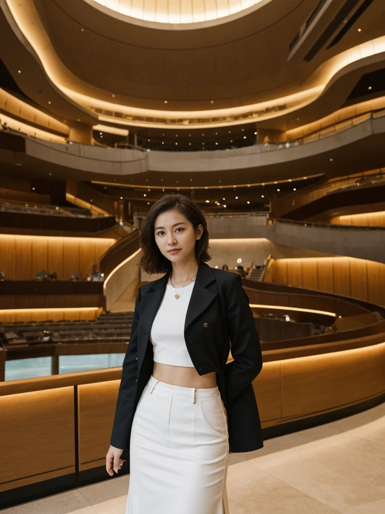her name is Asako, high quality, 1girl, ((20-year-old fit Caucasian woman)), ((20 years old)), ((slim)), ((Wavy Bob)), pose: standing, wearing stylish fashionable Generation-Z modern wear dark colored, BACKGROUND:In the Dubai Opera, with its dhow-shaped design, lavish interiors, and state-of-the-art facilities that host world-class performances.