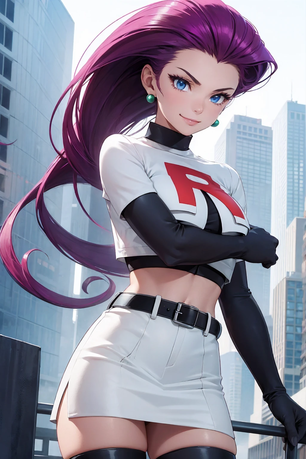 Masterpiece, stunning realistic, best quality, sharpness, 1 girl ,jessie pokemon, solo, team rocket, gloves, hair slicked back, long hair, jewelry, skirt, navel, thighhighs, earrings, elbow gloves, team rocket uniform, crop top, blue eyes, midriff, white background, belt, black gloves, very long hair, simple background, smile, black thighhighs, purple hair, looking at viewer, breasts, white skirt, miniskirt,large breasts,standing in a city,arms behind head ,nipple slip,