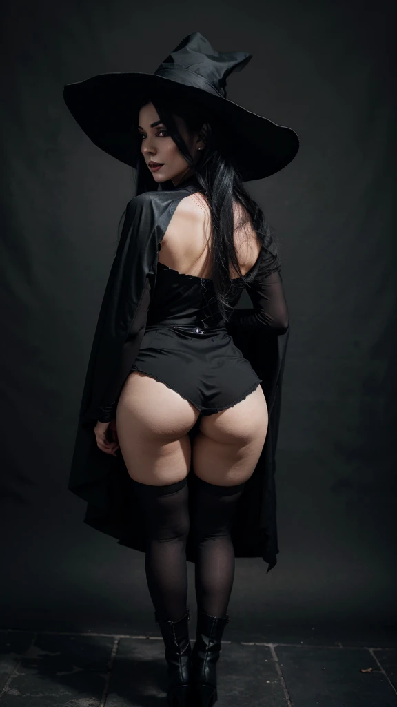 1 beautiful woman wearing a black witch dress, black witch hat, black cape, short witch skirt, black translucent stockings, black high heels, pale skin, black lipstick and eye makeup, serious expression and slight smile, long white hair, large breasts 1.6, large buttocks 2.5, looking back at the viewer, 4k, detailed, photorealistic, portrait, fantasy, dark, dramatic lighting