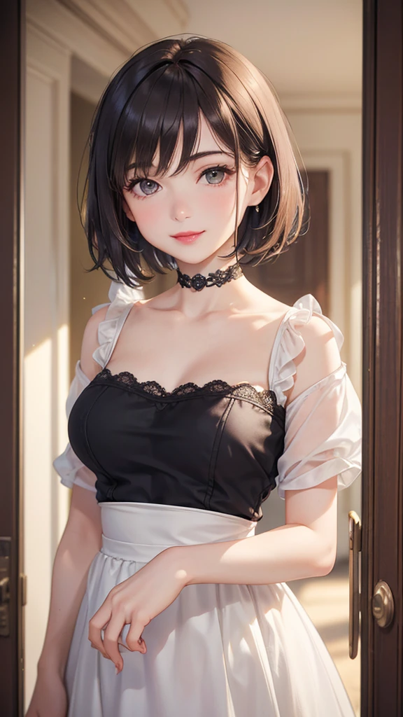 128
(a 20 yo woman, Standing), (A hyper-realistic), (high-level image quality), ((beautiful hairstyle 46)), ((short-hair:1.46)), (Gentle smile), (breasted:1.1), (lipsticks), (Large room), (Depth of field is deep), (Painterly)