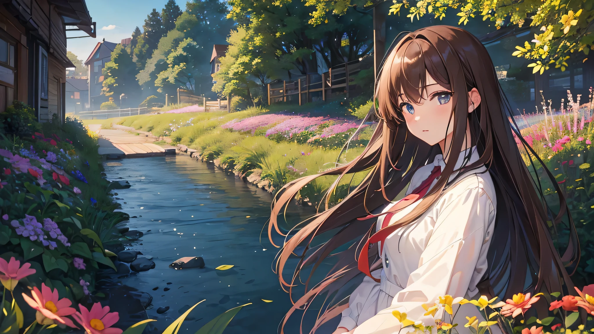 masterpiece,Highest quality,One girl,Hair color is brown,semi-long, Kind eyes,Gradient Hair,countryside,Cityscape,Flowers and plants,night空,scenery,night,Light perception