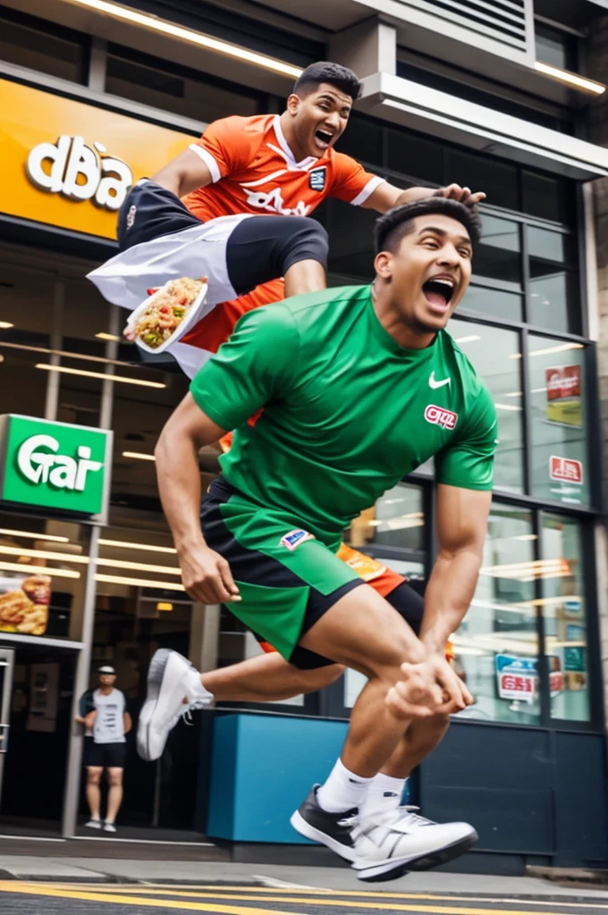A man wearing a grab food outfit jumps and kicks another man.