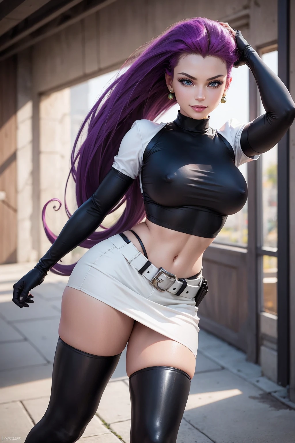 Masterpiece, stunning realistic, best quality, sharpness, 1 girl ,jessie pokemon, solo, team rocket, gloves, hair slicked back, long hair, jewelry, skirt, navel, thighhighs, earrings, elbow gloves, team rocket uniform, crop top, blue eyes, midriff, white background, belt, black gloves, very long hair, simple background, smile, black thighhighs, purple hair, looking at viewer, breasts, white skirt, miniskirt,large breasts,standing in a city,arms behind head ,nipple slip,