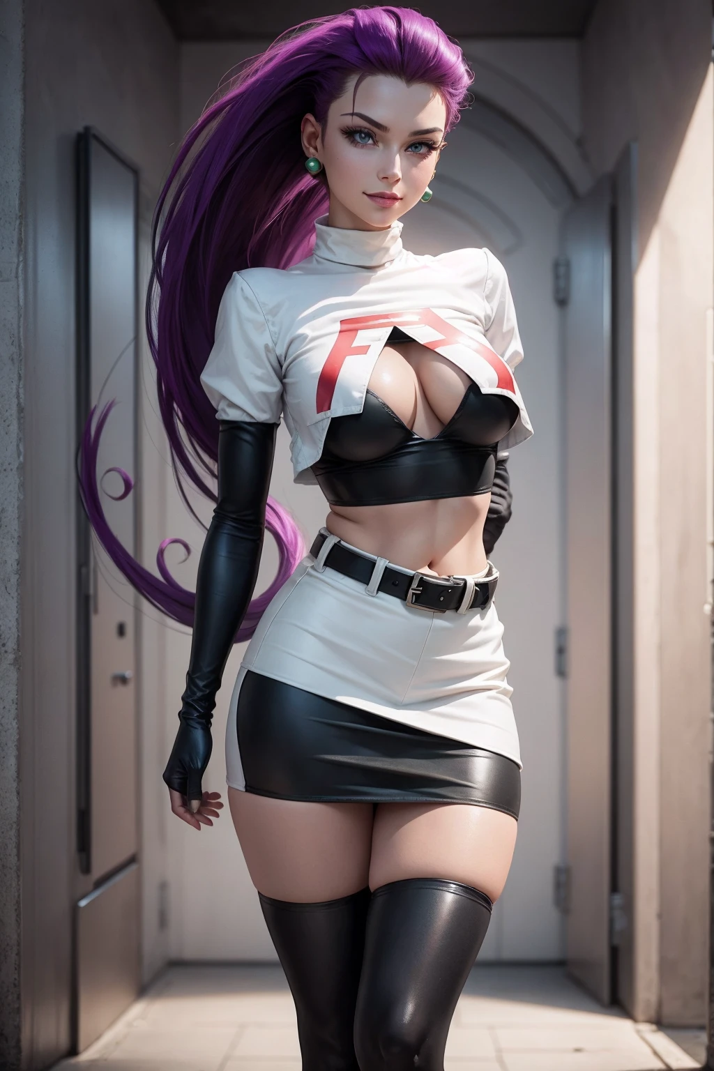 Masterpiece, stunning realistic, best quality, sharpness, 1 girl ,jessie pokemon, solo, team rocket, gloves, hair slicked back, long hair, jewelry, skirt, navel, thighhighs, earrings, elbow gloves, team rocket uniform, crop top, blue eyes, midriff, white background, belt, black gloves, very long hair, simple background, smile, black thighhighs, purple hair, looking at viewer, breasts, white skirt, miniskirt,large breasts,standing in a city,arms behind head ,nipple slip,