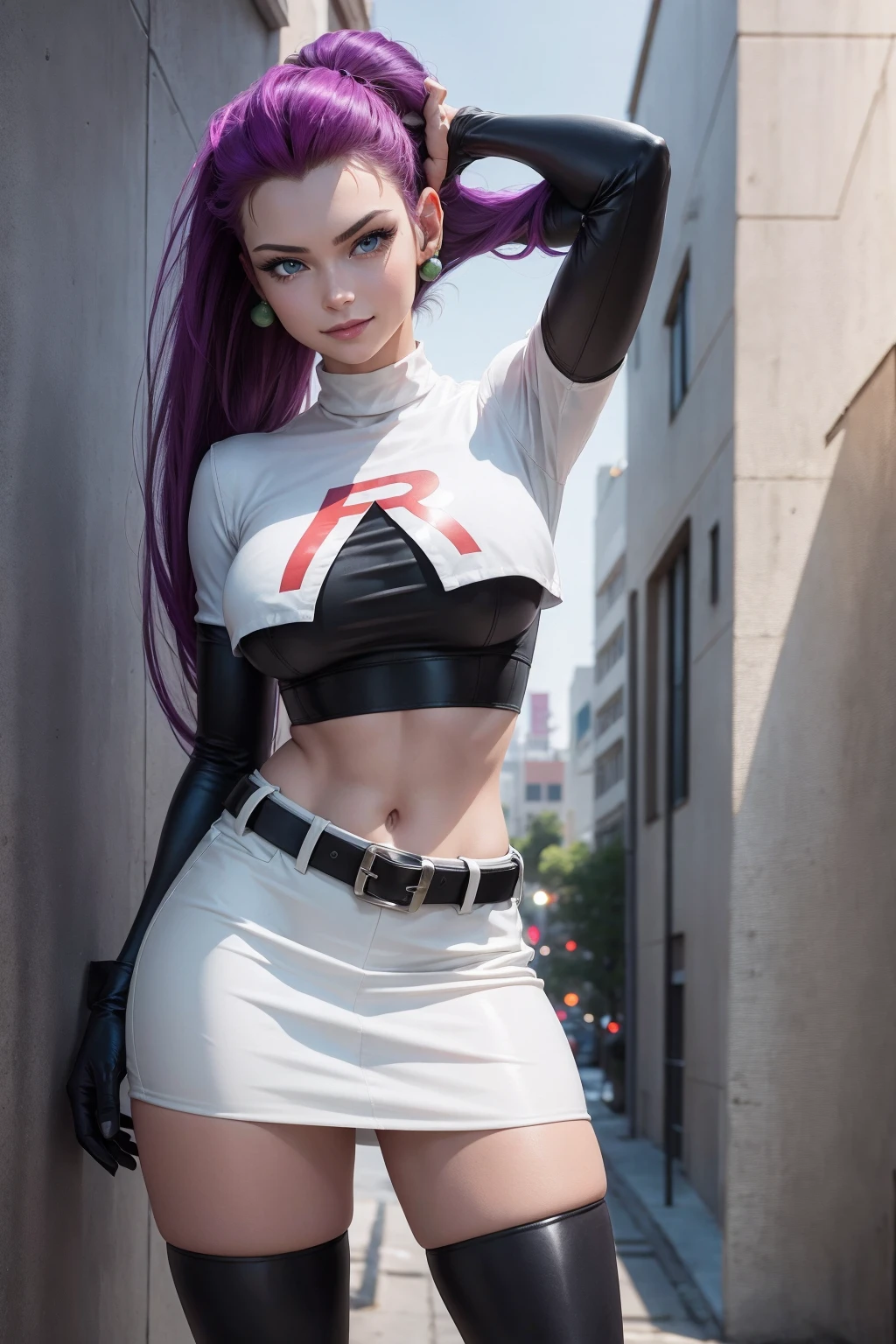 Masterpiece, stunning realistic, best quality, sharpness, 1 girl ,jessie pokemon, solo, team rocket, gloves, hair slicked back, long hair, jewelry, skirt, navel, thighhighs, earrings, elbow gloves, team rocket uniform, crop top, blue eyes, midriff, white background, belt, black gloves, very long hair, simple background, smile, black thighhighs, purple hair, looking at viewer, breasts, white skirt, miniskirt,large breasts,standing in a city,arms behind head ,nipple slip,