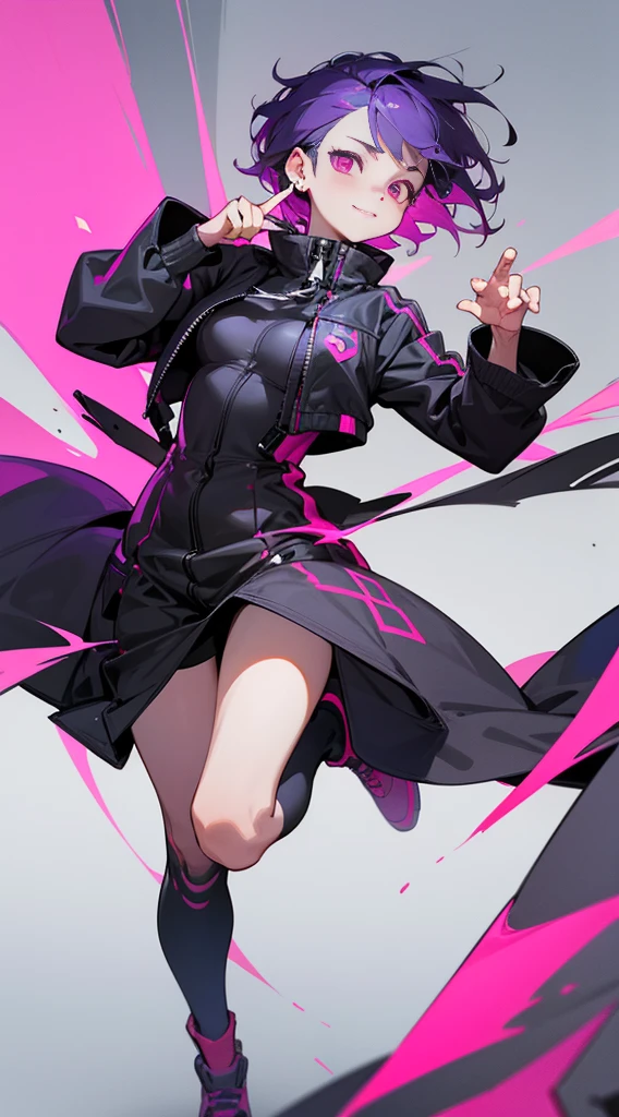 Top Quality, 8K, 4K, High Definition, Detail, (better-quality, 8K, 12), top-quality, 1 girl、only showing her face, she has purple hair, wearing a yellow pin on her right side of her hair, she has her hands together, she looking at you, she is smiling at you, medium breast, her jacket color dark gray with a pink zipper, pink eyes, showing her face and chesat, short hair long as her neck, (only showing half of her body) her jacket is loose. she is wearing earing only right ear shaped has a heart, she has her hand up making a pose, get closer to see up close of her face, she making a pose, she making pose her finger, full body, falling towards to night dark city,
