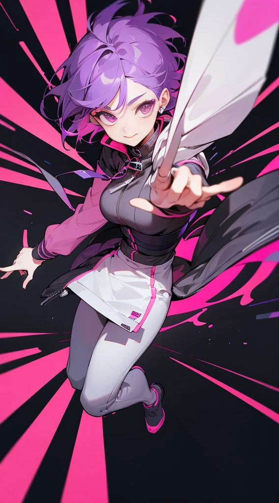 Top Quality, 8K, 4K, High Definition, Detail, (better-quality, 8K, 12), top-quality, 1 girl、only showing her face, she has purple hair, wearing a yellow pin on her right side of her hair, she has her hands together, she looking at you, she is smiling at you, medium breast, her jacket color dark gray with a pink zipper, pink eyes, showing her face and chesat, short hair long as her neck, (only showing half of her body) her jacket is loose. she is wearing earing only right ear shaped has a heart, she has her hand up making a pose, get closer to see up close of her face, she making a pose, she making pose her finger, full body, falling towards to night dark city,