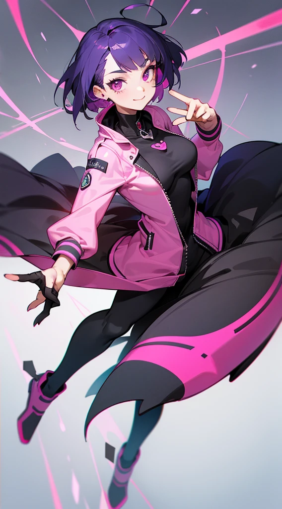 Top Quality, 8K, 4K, High Definition, Detail, (better-quality, 8K, 12), top-quality, 1 girl、only showing her face, she has purple hair, wearing a yellow pin on her right side of her hair, she has her hands together, she looking at you, she is smiling at you, medium breast, her jacket color dark gray with a pink zipper, pink eyes, showing her face and chesat, short hair long as her neck, (only showing half of her body) her jacket is loose. she is wearing earing only right ear shaped has a heart, she has her hand up making a pose, get closer to see up close of her face, she making a pose, she making pose her finger, full body, falling towards to night dark city,
