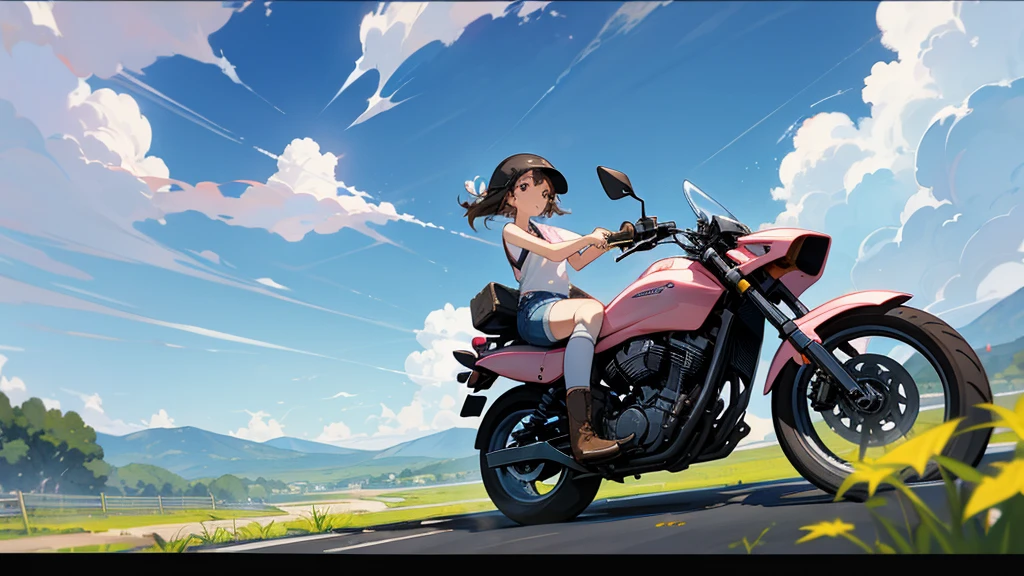 Highest quality、Girl is riding a motorcycle、Dark brown shortcuts、He is wearing a jet helmet、The center of the helmet has a black and white line running from front to back.。.、White tank top、Pink rider's jacket、Denim shorts、White knee-high socks、Brown Work Boots、Japanese countryside scenery、Streamside path、Small Creek、Dirt roads、Weeds growing on the side of the road、blue sky、Floating white clouds、Early summer sky、