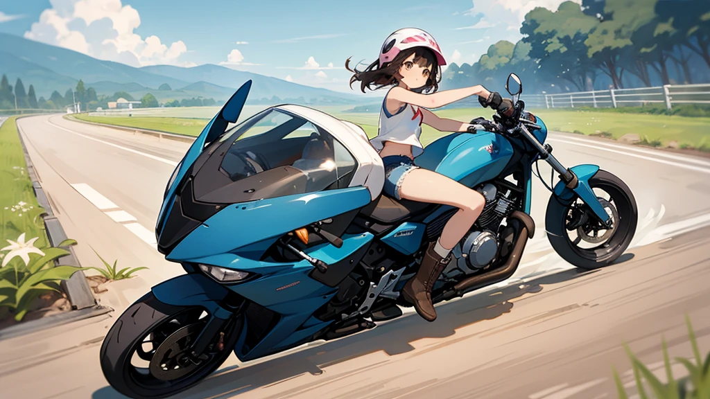 Highest quality、Girl is riding a motorcycle、Dark brown shortcuts、He is wearing a jet helmet、The center of the helmet has a black and white line running from front to back.。.、White tank top、Pink rider's jacket、Denim shorts、White knee-high socks、Brown Work Boots、Japanese countryside scenery、Streamside path、Small Creek、Dirt roads、Weeds growing on the side of the road、blue sky、Floating white clouds、Early summer sky、