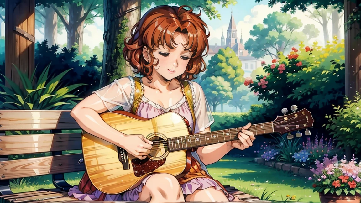 A young girl playing a guitar. She has short, curly hair and is wearing a vibrant, bohemian-style outfit. The scene is set outdoors in a beautiful garden with colorful flowers and trees. The girl is sitting on a wooden bench, with a relaxed and happy expression as she strums her guitar. The atmosphere is lively and cheerful.