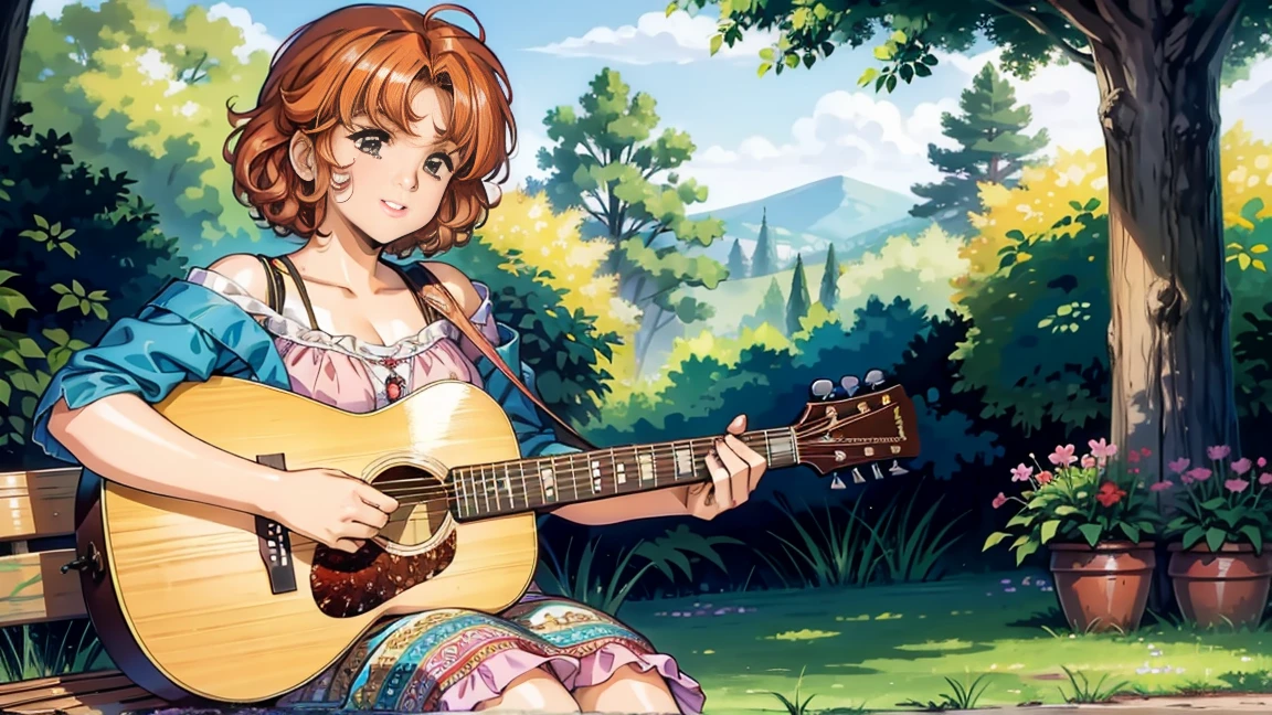 A young girl playing a guitar. She has short, curly hair and is wearing a vibrant, bohemian-style outfit. The scene is set outdoors in a beautiful garden with colorful flowers and trees. The girl is sitting on a wooden bench, with a relaxed and happy expression as she strums her guitar. The atmosphere is lively and cheerful.