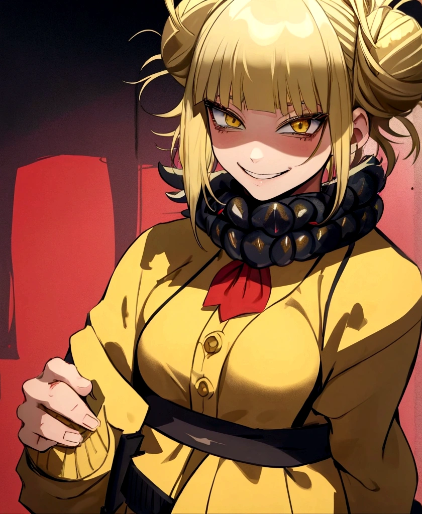 (Girl1),(alone:1.5),**Himiko Toga** is a young woman of medium height with light blonde hair, tied into two messy buns. His eyes are bright yellow, with a mischievous expression and a characteristic smile