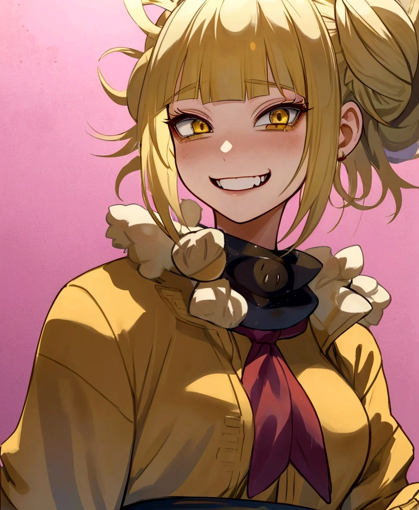 (Girl1),(alone:1.5),**Himiko Toga** is a young woman of medium height with light blonde hair, tied into two messy buns. His eyes are bright yellow, with a mischievous expression and a characteristic smile