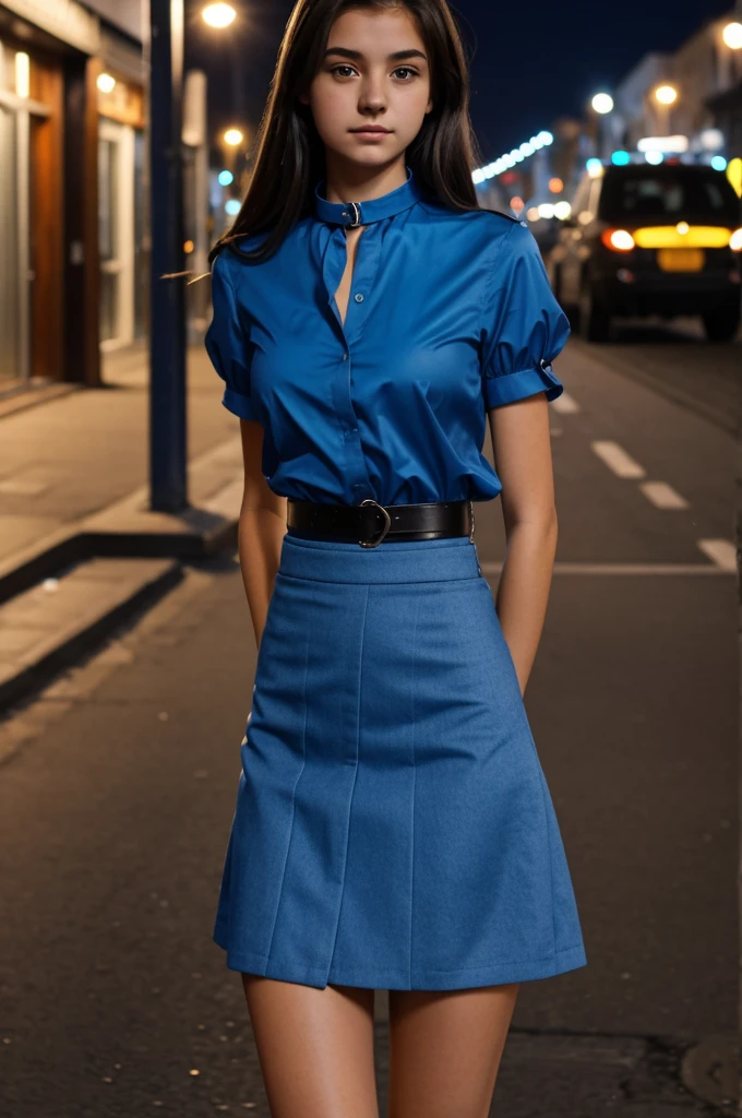 18 year old girl, with a blue blouse, a miniskirt, has a submission collar on, is on the street, at night 