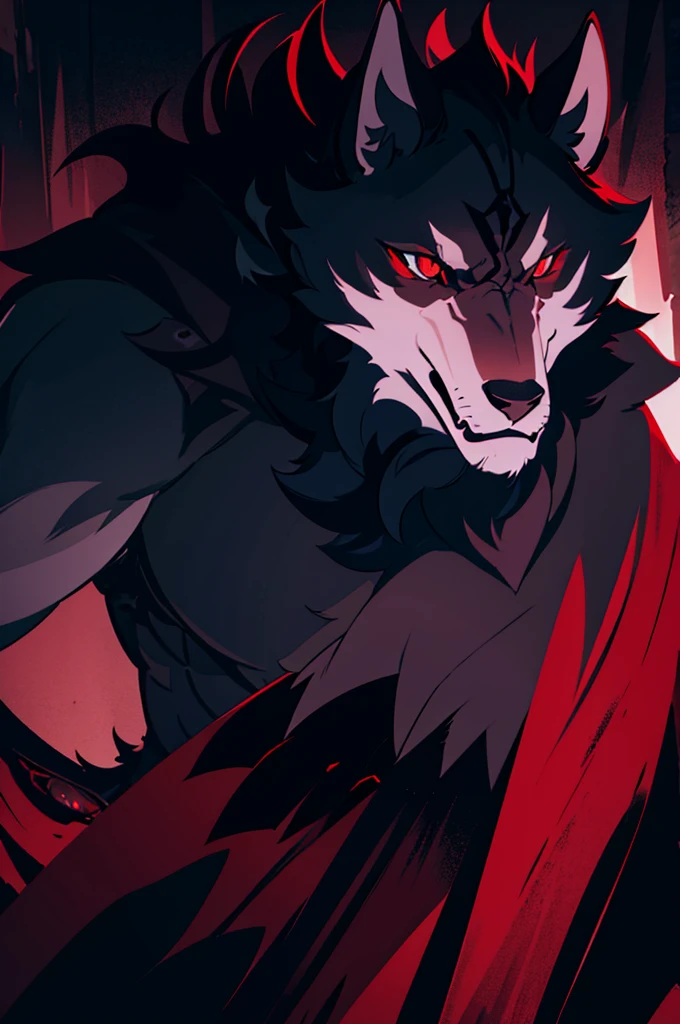 a dark black wolf, glowing red eyes, soft fluffy fur covering its entire body, cinematic lighting, highly detailed, photorealistic, 8k, dramatic composition, moody atmosphere, chiaroscuro lighting, dramatic lighting, dramatic shadows, dark palette, muted colors, cinematic, epic, imposing, powerful, majestic