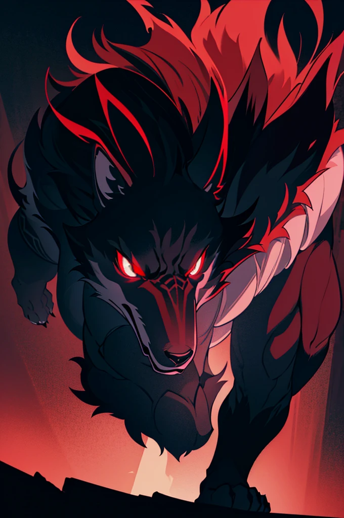 a dark black wolf, glowing red eyes, soft fluffy fur covering its entire body, cinematic lighting, highly detailed, photorealistic, 8k, dramatic composition, moody atmosphere, chiaroscuro lighting, dramatic lighting, dramatic shadows, dark palette, muted colors, cinematic, epic, imposing, powerful, majestic