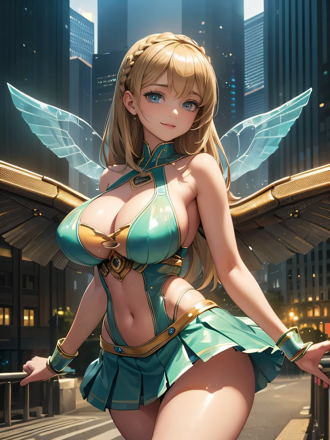 (((masterpiece))), (((Highest quality))), ((Super detailed)), (figure), ((Very delicate and beautiful)), ((Super detailed)), ((High resolution)), (((20-year-old))), meexpensiveic cloth, (Cheerleader), (Android), ((Mechanical Wings)), Delicate metal decoration, Glowing Skin, Shiny body, Two legs, ????????????, (((expensive))), Thin legs, ((Big round eyes)), Cute eyes, Droopy eyes, ((Adult)), both hands, Five Fingers, No extra hands, Elegant smile, Braiding, Medium length hair, ((meexpensiveic green)), (See-through), (Dark Blonde), (Super ???????????), (Shining brightly), Outdoor, mini skirt, city, Daytime, ((Biopunk)),