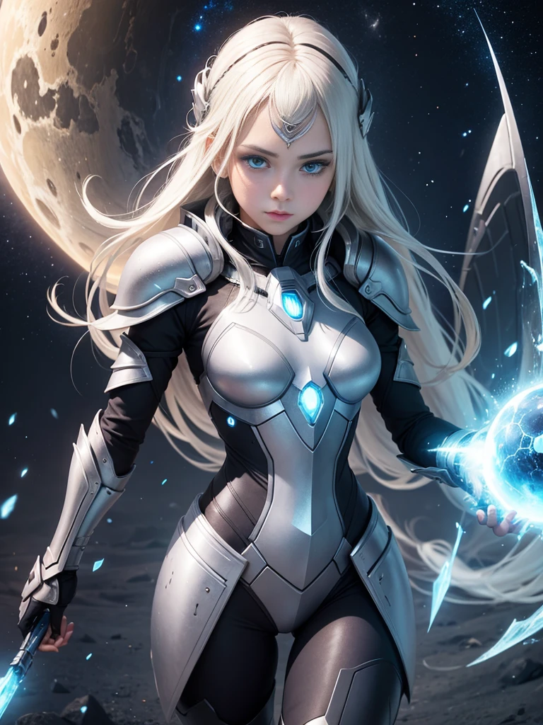 girl, With futuristic armor, ice powers, by the celestial, blue eyes, heavenly shelter.
