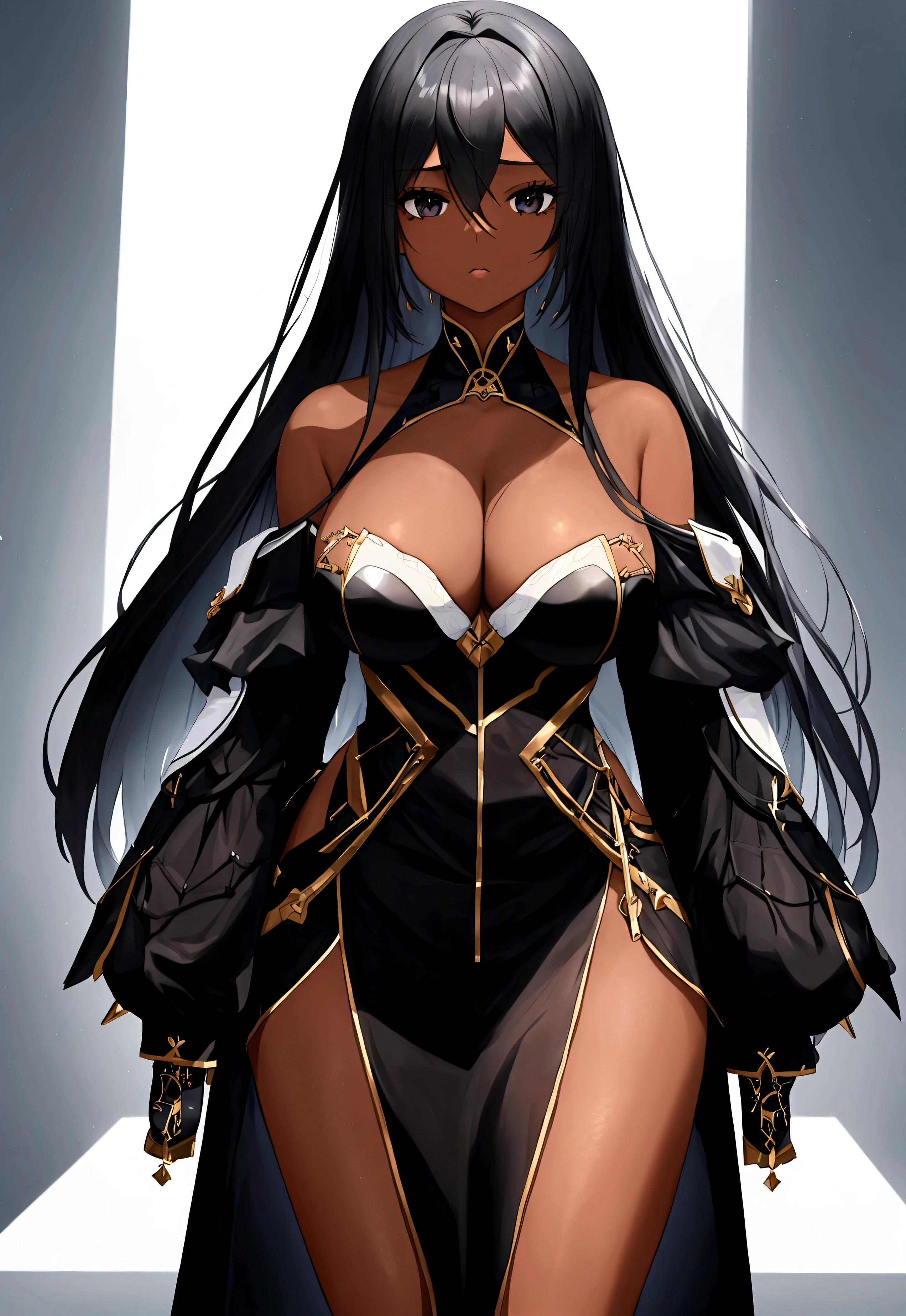 Girl , dark skin, black eyes, fragile figure, cleavage. white straight hair, height 173, anime reskin style, 8k photo, super details, high resolution, high quality, 4K, high quality, super details, high resolution, 4K