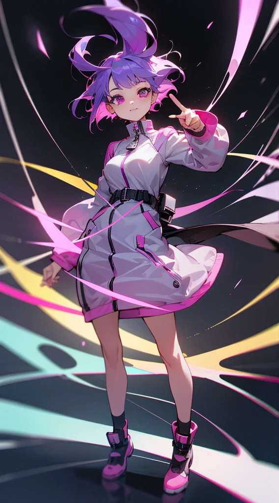 Top Quality, 8K, 4K, High Definition, Detail, (better-quality, 8K, 12), top-quality, 1 girl、only showing her face, she has purple hair, wearing a yellow pin on her right side of her hair, she has her hands together, she looking at you, she is smiling at you, medium breast, her jacket color dark gray with a pink zipper, pink eyes, showing her face and chesat, short hair long as her neck, (only showing half of her body) her jacket is loose. she is wearing earing only right ear shaped has a heart, she has her hand up making a pose, get closer to see up close of her face, she making a pose, she making pose her finger, full body, falling towards to night dark city,