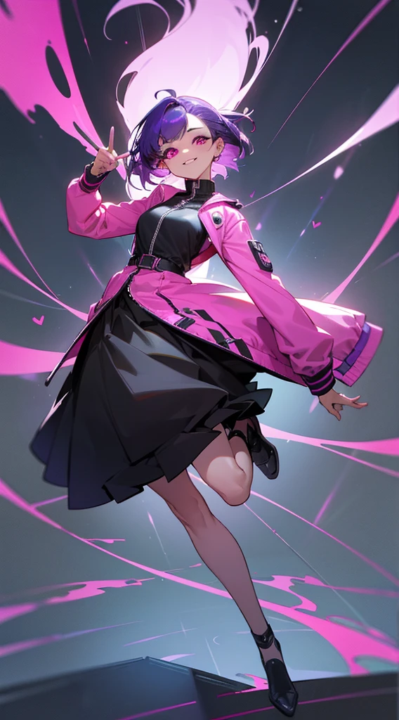 Top Quality, 8K, 4K, High Definition, Detail, (better-quality, 8K, 12), top-quality, 1 girl、only showing her face, she has purple hair, wearing a yellow pin on her right side of her hair, she has her hands together, she looking at you, she is smiling at you, medium breast, her jacket color dark gray with a pink zipper, pink eyes, showing her face and chesat, short hair long as her neck, (only showing half of her body) her jacket is loose. she is wearing earing only right ear shaped has a heart, she has her hand up making a pose, get closer to see up close of her face, she making a pose, she making pose her finger, full body, falling towards to night dark city,
