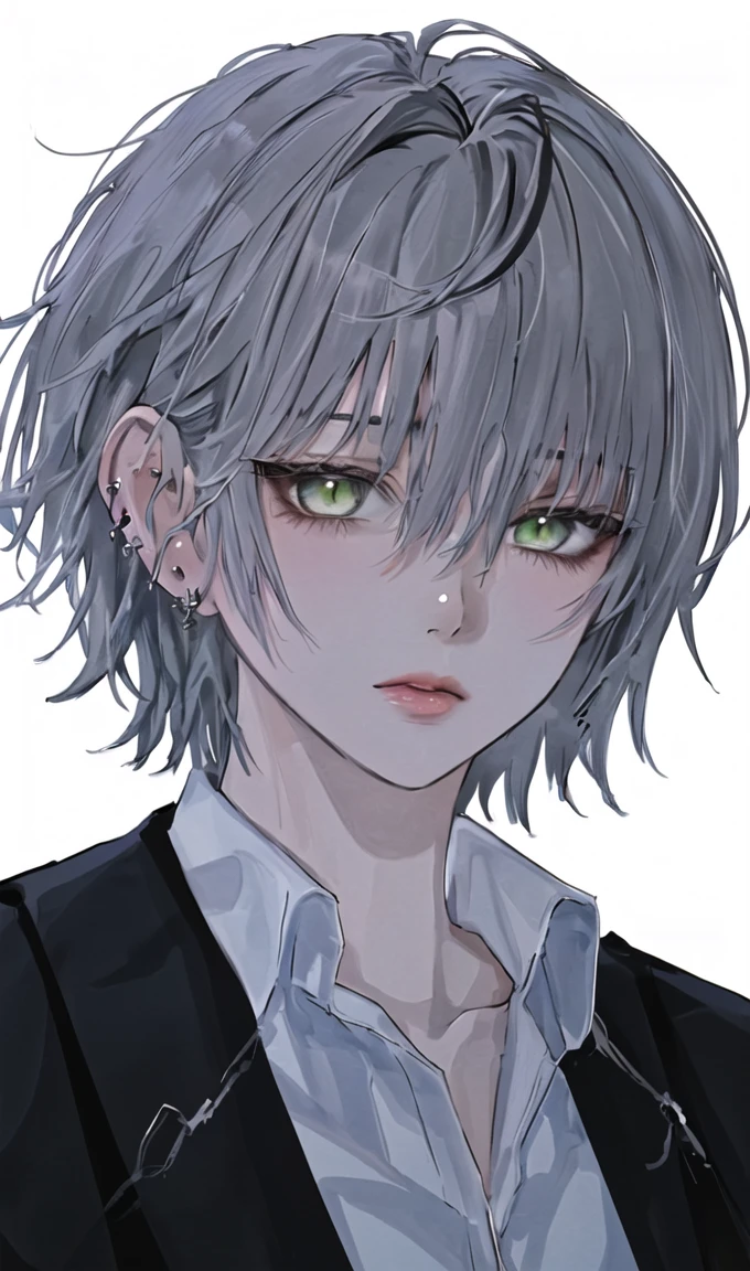 1girl, portrait, earrings, solo,lips, female focus, green eyes, looking at viewer, grey hair, short hair, closed mouth