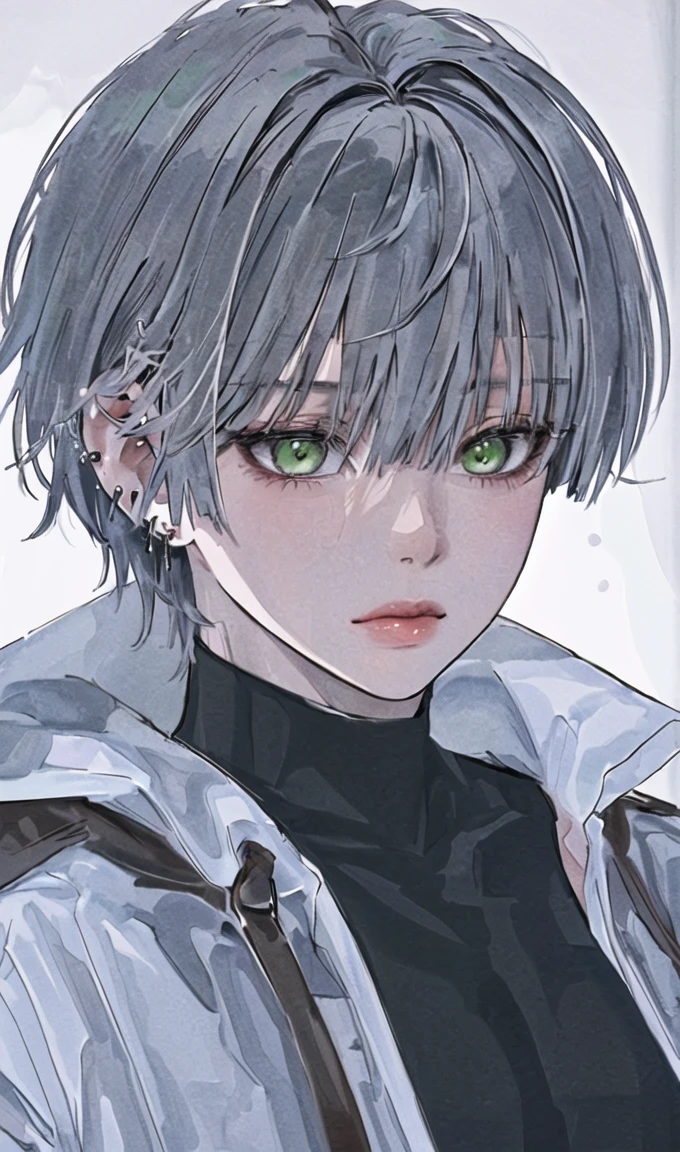 1girl, portrait, earrings, solo,lips, female focus, green eyes, looking at viewer, grey hair, short hair, closed mouth