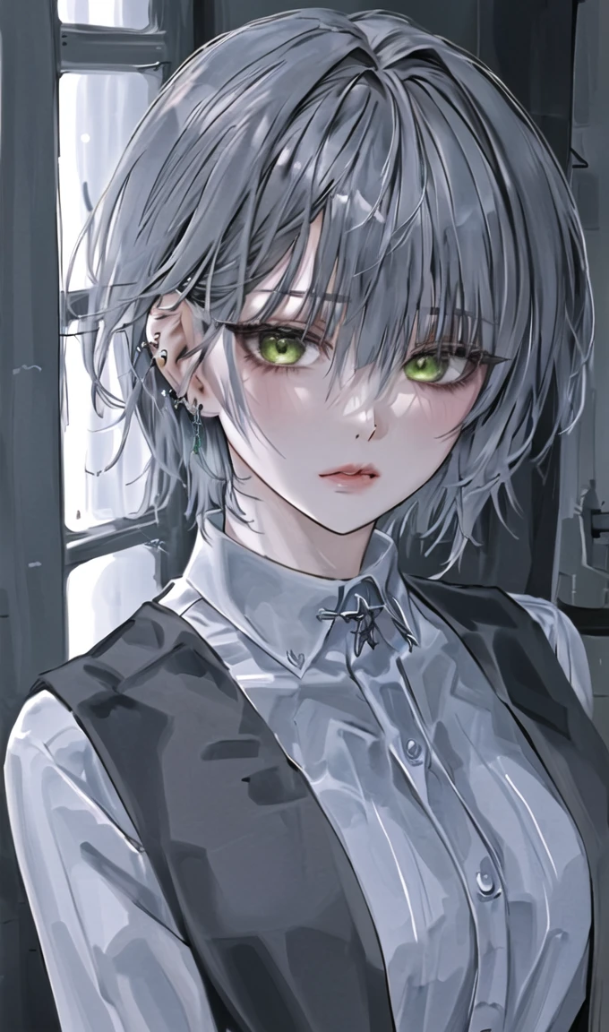 1girl, portrait, earrings, solo,lips, female focus, green eyes, looking at viewer, grey hair, short hair, closed mouth
