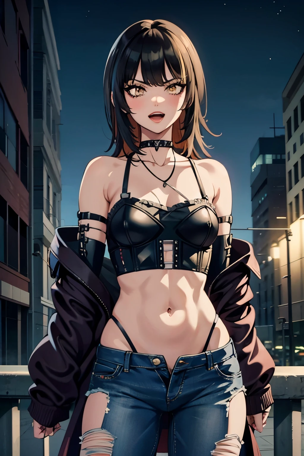 Ikaruga Luca, makeup, lipstick, red lipstick, ,long hair, mature female, makeup, eyelashes, blush, lipstick, fur trim, mature female, gloves, fur-trimmed coat, outdoors, rooftop, cityscape, building, railing, night sky, scenery, city lights,  jacket, masterpiece,high quality,4k, bare shoulder,belly,crop top,outdoor,cleavage,jeans,casual
dress,street,road,smile, open mouth, (nsfw) not safe for work, holding a gun,handgun, evil expression,
exposed belly, exposed navel, exposed midriff, exposed lower belly, crop top overhang, underboob,
unbuttoned jeans , low rise black jeans, Low rise jeans, Low rise jeans with open fly, navel piercing