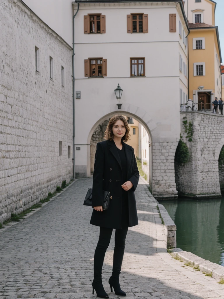 her name is Asako, high quality, 1girl, ((20-year-old fit Caucasian woman)), ((20 years old)), ((slim)), ((Wavy Bob)), pose: standing, wearing stylish fashionable Generation-Z modern wear dark colored, BACKGROUND:Along the Ljubljanica River, with its charming bridges, colorful buildings, and the Ljubljana Castle on the hill