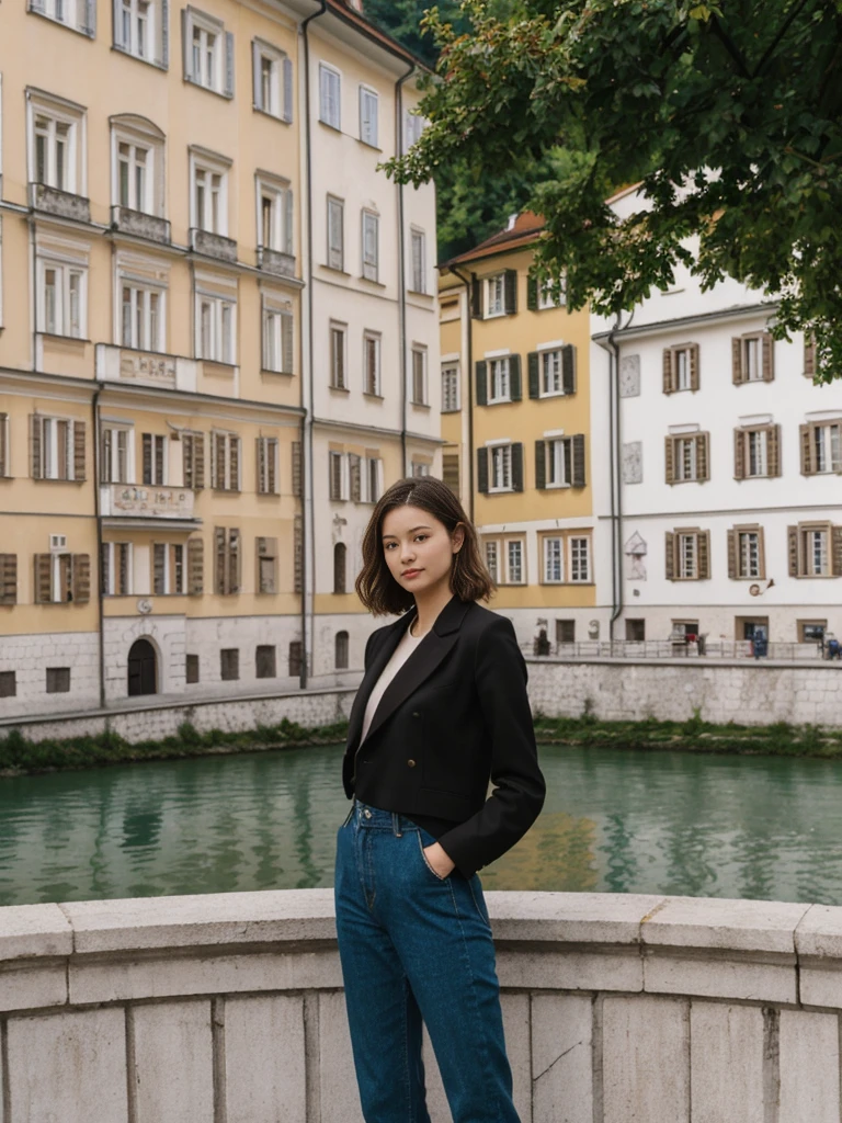 her name is Asako, high quality, 1girl, ((20-year-old fit Caucasian woman)), ((20 years old)), ((slim)), ((Wavy Bob)), pose: standing, wearing stylish fashionable Generation-Z modern wear dark colored, BACKGROUND:Along the Ljubljanica River, with its charming bridges, colorful buildings, and the Ljubljana Castle on the hill