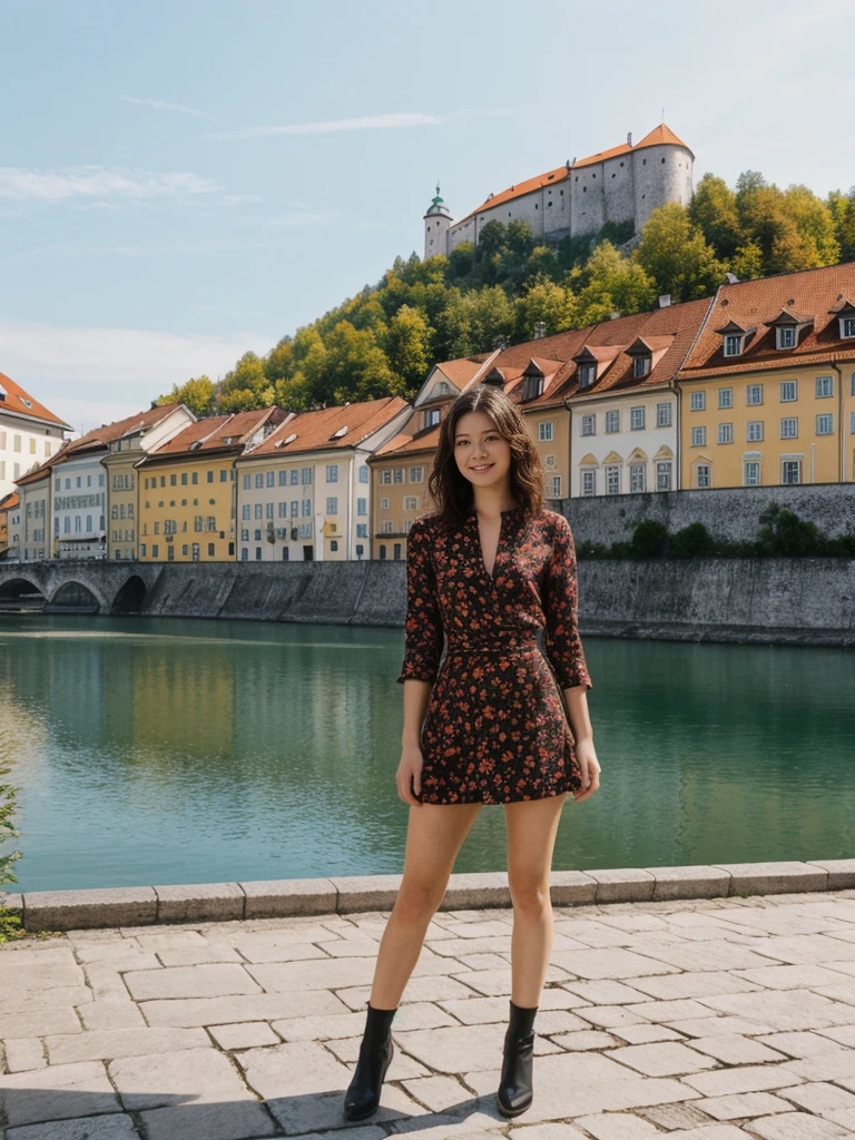 her name is Asako, high quality, 1girl, ((20-year-old fit Caucasian woman)), ((20 years old)), ((slim)), ((Wavy Bob)), pose: standing, wearing stylish fashionable Generation-Z modern wear dark colored, BACKGROUND:Along the Ljubljanica River, with its charming bridges, colorful buildings, and the Ljubljana Castle on the hill