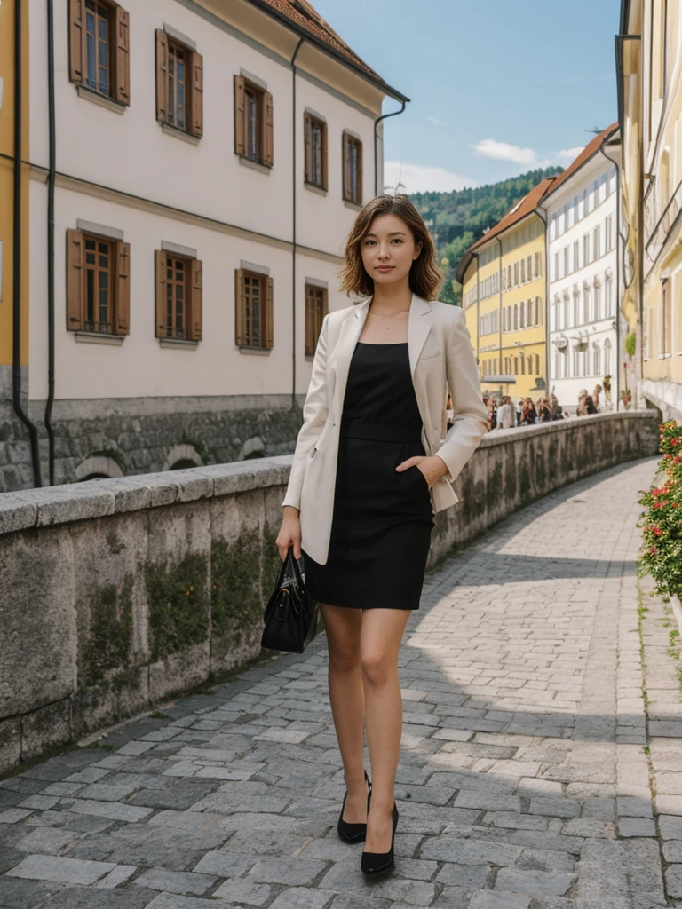 her name is Asako, high quality, 1girl, ((20-year-old fit Caucasian woman)), ((20 years old)), ((slim)), ((Wavy Bob)), pose: standing, wearing stylish fashionable Generation-Z modern wear dark colored, BACKGROUND:Along the Ljubljanica River, with its charming bridges, colorful buildings, and the Ljubljana Castle on the hill