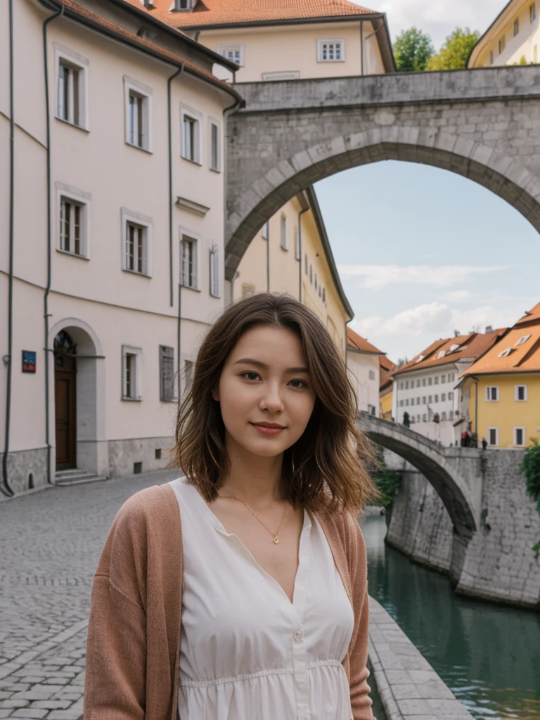 her name is Asako, high quality, 1girl, ((20-year-old fit Caucasian woman)), ((20 years old)), ((slim)), ((Wavy Bob)), pose: standing, wearing stylish fashionable Generation-Z modern wear dark colored, BACKGROUND:Along the Ljubljanica River, with its charming bridges, colorful buildings, and the Ljubljana Castle on the hill