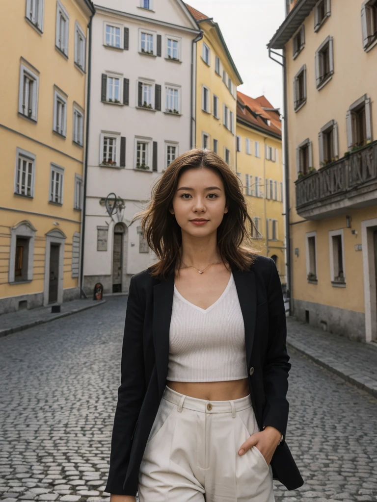 her name is Asako, high quality, 1girl, ((20-year-old fit Caucasian woman)), ((20 years old)), ((slim)), ((Wavy Bob)), pose: standing, wearing stylish fashionable Generation-Z modern wear dark colored, BACKGROUND:Along the Ljubljanica River, with its charming bridges, colorful buildings, and the Ljubljana Castle on the hill