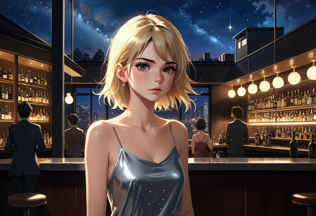 Uses Makoto Shinkai&#39;The depiction is perfect,Kendall Jenner portrait,8k 4k masterpiece photo ,tokyo,Glass ceiling jazz bar,I can see the twinkling stars through the glass window.,that&#39;Outside in the dark night,Jazz is playing,Small profile,Calm expression,Beautiful profile,Calm expression,Semi-long hair,Blonde,Look in another direction instead of this way,Standing alone at the counter,Silver tank top dress,Bust is large size