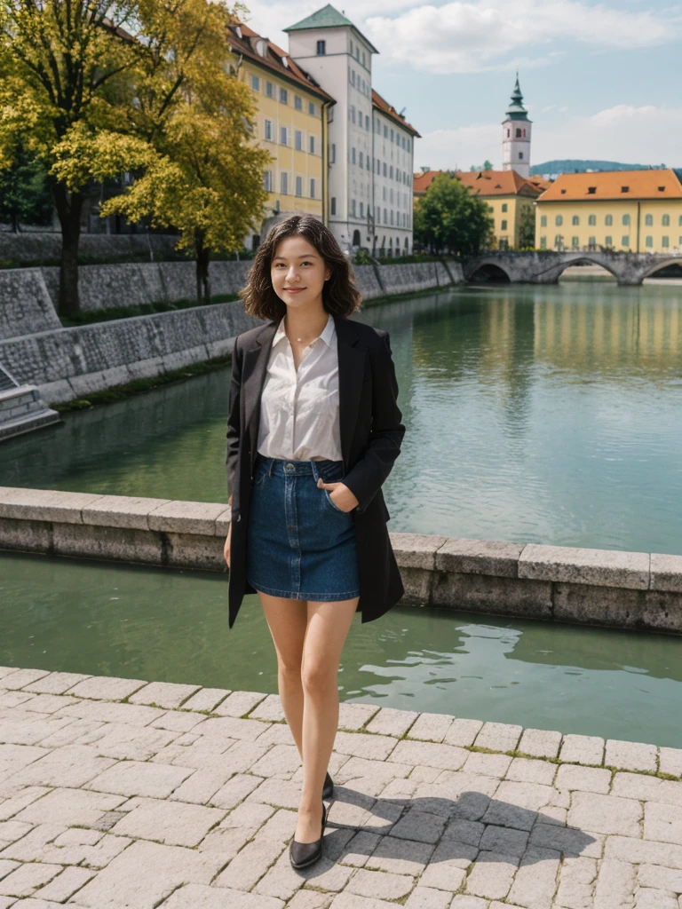 her name is Asako, high quality, 1girl, ((20-year-old fit Caucasian woman)), ((20 years old)), ((slim)), ((Wavy Bob)), pose: standing, wearing stylish fashionable Generation-Z modern wear dark colored, BACKGROUND:Along the Ljubljanica River, with its charming bridges, colorful buildings, and the Ljubljana Castle on the hill