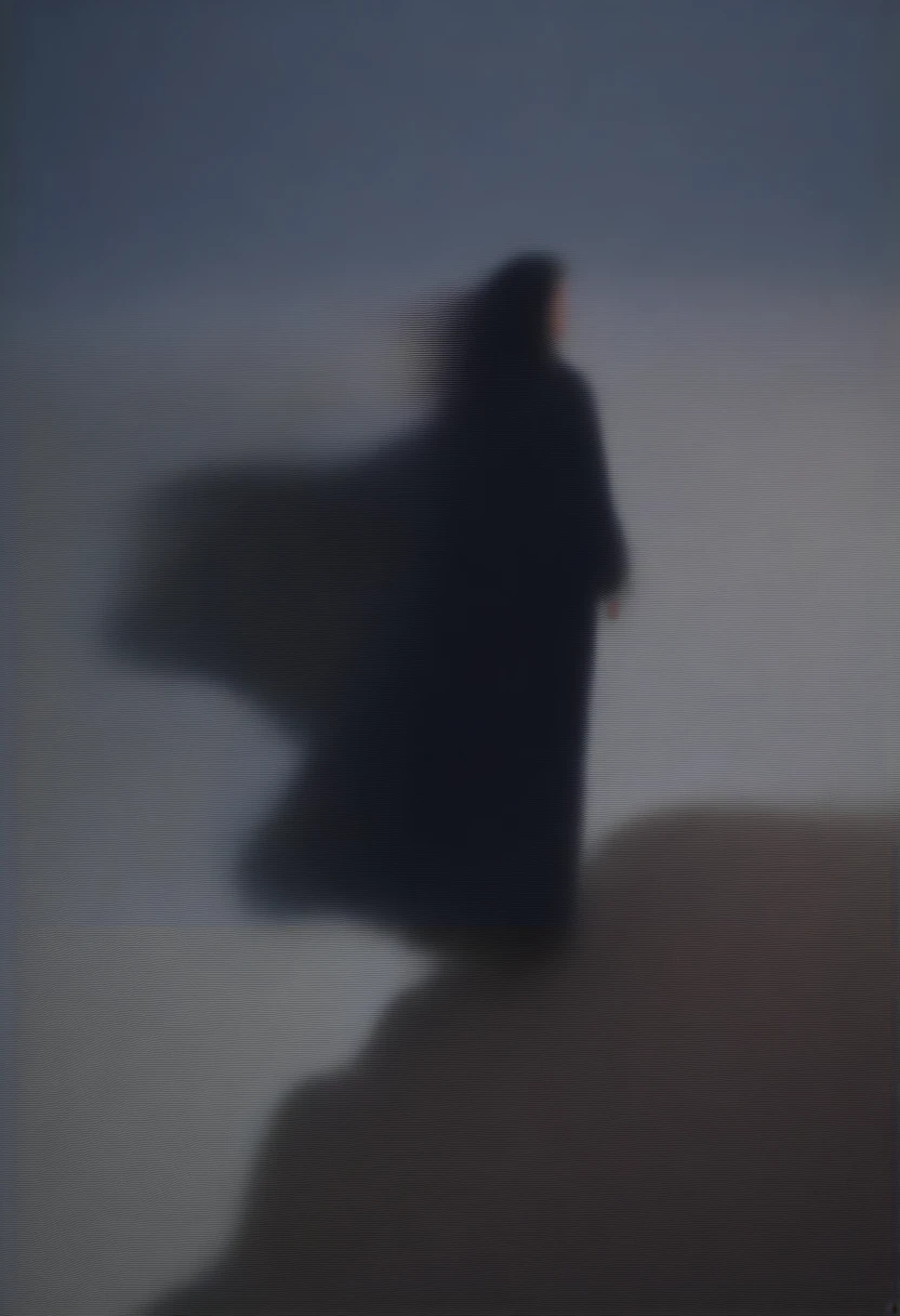 The beautiful young woman stood on the cliff overlooking the sea, dressed in a black cloak, with her long dark hair blowing in the wind.