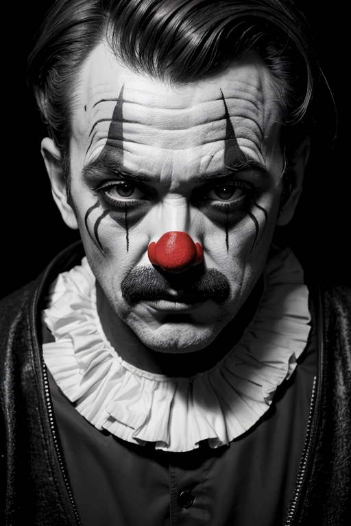 ((best qualityer)), ((dark theme)), (detailded), midle age man, clown, smudged makeup, In psychotic episode, nuts, ((bad apparence))