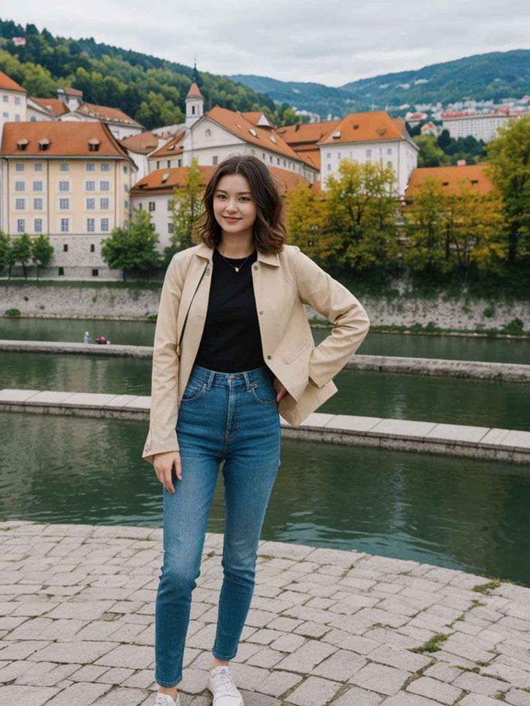 her name is Asako, high quality, 1girl, ((20-year-old fit Caucasian woman)), ((20 years old)), ((slim)), ((Wavy Bob)), pose: standing, wearing stylish fashionable Generation-Z modern wear dark colored, BACKGROUND:Along the Ljubljanica River, with its charming bridges, colorful buildings, and the Ljubljana Castle on the hill