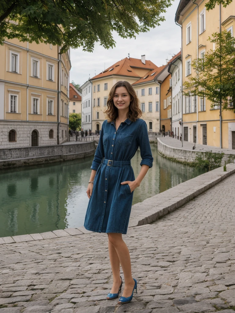 her name is Asako, high quality, 1girl, ((20-year-old fit Caucasian woman)), ((20 years old)), ((slim)), ((Wavy Bob)), pose: standing, wearing stylish fashionable Generation-Z modern wear dark colored, BACKGROUND:Along the Ljubljanica River, with its charming bridges, colorful buildings, and the Ljubljana Castle on the hill