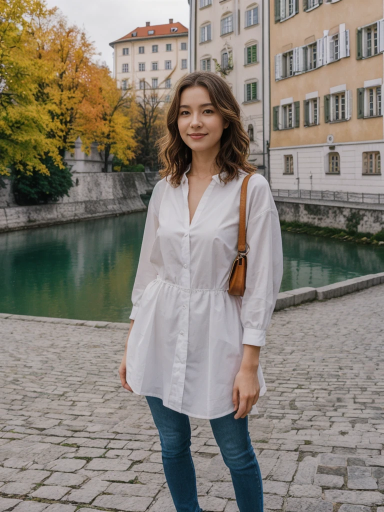 her name is Asako, high quality, 1girl, ((20-year-old fit Caucasian woman)), ((20 years old)), ((slim)), ((Wavy Bob)), pose: standing, wearing stylish fashionable Generation-Z modern wear dark colored, BACKGROUND:Along the Ljubljanica River, with its charming bridges, colorful buildings, and the Ljubljana Castle on the hill