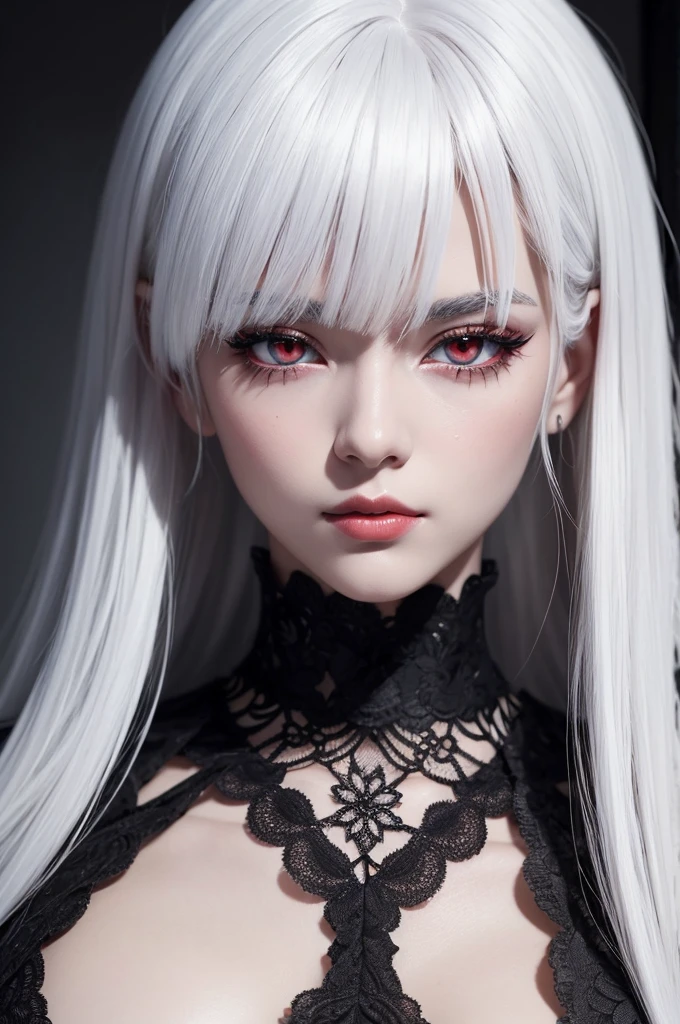 A girl with white hair and red eyes, manga preto e branco (work of art) (detailded)